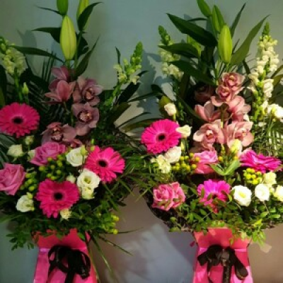 Hope arrangement - pinks and creams, lilies, roses and gerbera and more.