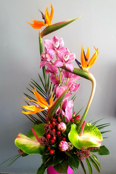 Joop Arrangement - an arrangement of exotic and traditional flowers. 